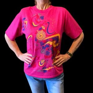 Vintage 80s Abstract Rhinestone Pink Studs T Shirt Top Single Stitch USA Made M